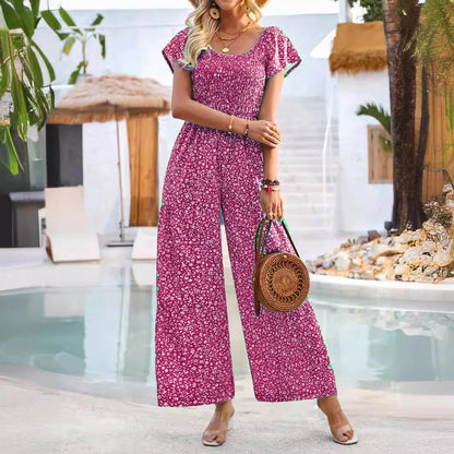 Fresh Printed Round Neck Short Sleeve Loose Breathable Comfortable Women's Jumpsuit Sehe Fashion