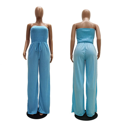 TS1035 Trendy Summer Jumpsuit Women Casual Strapless Sleeveless Pleated Wide Leg One Piece Jumpsuits With Pocket