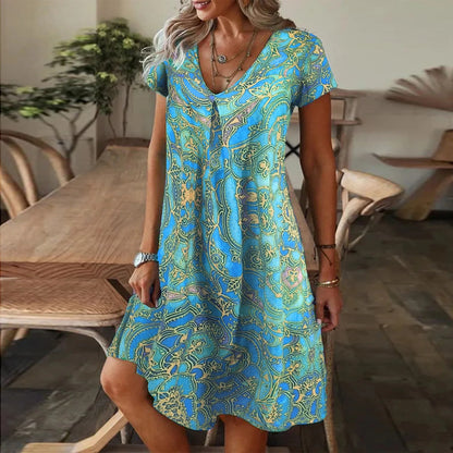 Women's Party Formal V-Neck Summer Jersey Dress Long Knee Floral Printed Full Digital Regular Fit Short Sleeved Woven Breathable