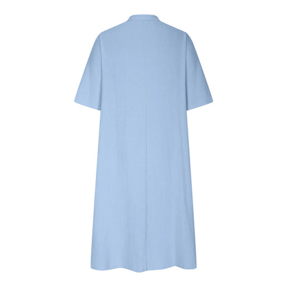 Women's Solid Color Medium Long Dress V-neck Half Sleeve Loose Pocket Dress Custom logo