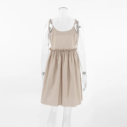 For OOTN 2024 Women's Elegant Khaki Linen Summer Dress Sexy Mini A-Line Ruched Lace-Up Ruffles Spaghetti Strap Loose Fit Solid