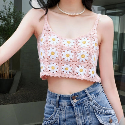 Summer Women Square Collar Breathable Knitted Hollow Out Crochet Cami Top Daisy Color Sexy Crop Tank Vest Club