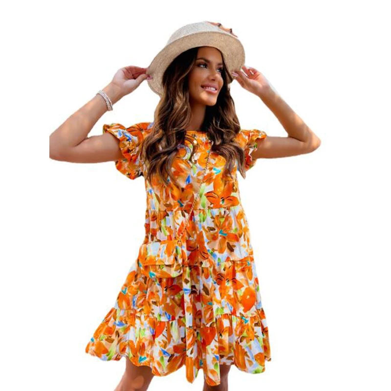 Summer Fashion Print A-line Dress Women O-neck Short Sleeve Ruffles Casual Loose Mini Dress 2023 Ladies Holiday Beach Dresses