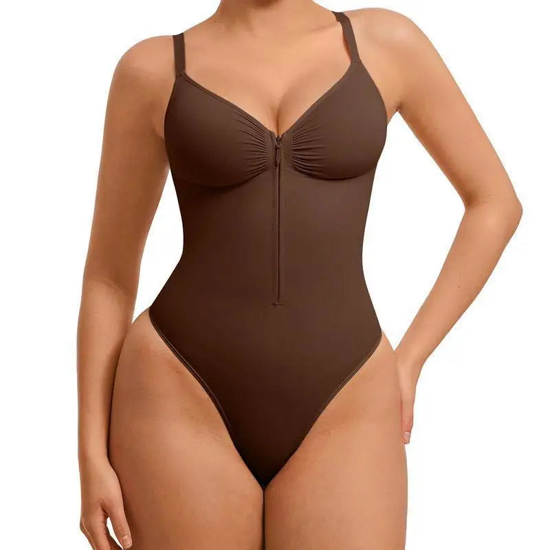Cross-border E-commerce Bestseller European American-style Sexy High-elasticity Nylon Polyamide Zip-up Bodycon Jumpsuit V-neck