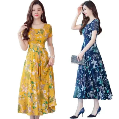Summer Dress Women's Short-sleeved Temperament  Floral Round Neck Mid-length Floral Print Dress for Women