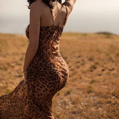 Hot Selling Women's Party Floor Length Sleeveless Leopard Print Sling Party Long Sexy Dress