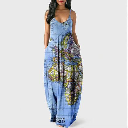 New Arrival Women Summer Clothing Earth Prints Long Maxi Dress Luxury Beachwear Clothes Plus Size 4XL Women's Cami Sun Dresses
