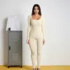 Autumn Hot Selling Long Sleeve Solid Color Fitness Ribbed Strech O-Neck Bodycon Women Jumpsuits