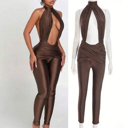 Autumn Sexy Women Sleeveless Halter Hollow Out Jumpsuits