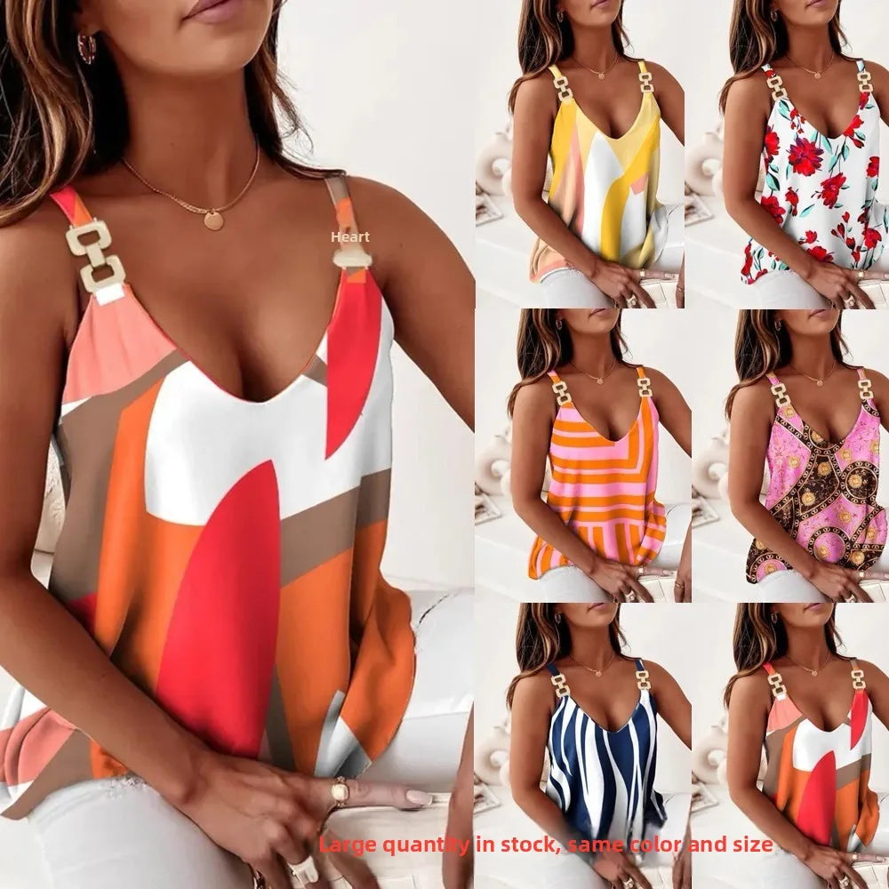Women's Printed Cami Tank Top, 2026 Summer Sleeveless Chain Strap V-Neck Casual Blouse