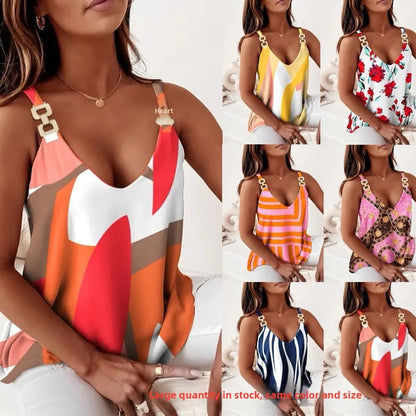 Women's Printed Cami Tank Top, 2026 Summer Sleeveless Chain Strap V-Neck Casual Blouse