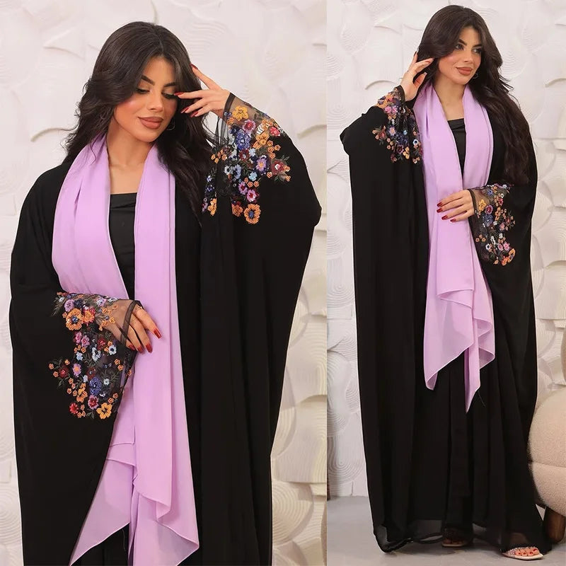 Modest Muslim Women Long Dress Kimono Open Abaya Dubai Kaftan Embroidery Islam Clothing Kebaya Saudi Arabic Robe Jalabiya Caftan