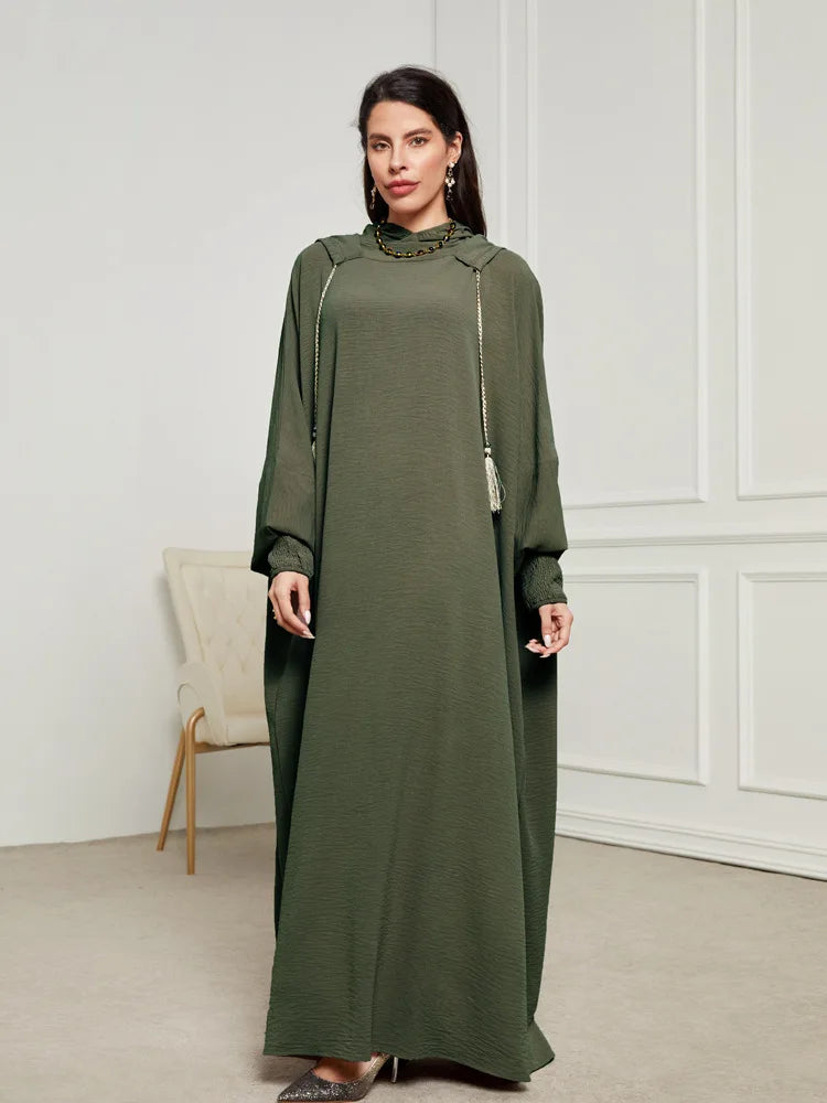 New Fashion Muslim 2025 Women's Solid Color Casual Trendy Elegant Long Sleeve Hooded Abaya Female Jalabiya Clothes Coat Dresses