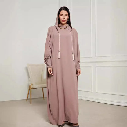 New Fashion Muslim 2025 Women's Solid Color Casual Trendy Elegant Long Sleeve Hooded Abaya Female Jalabiya Clothes Coat Dresses