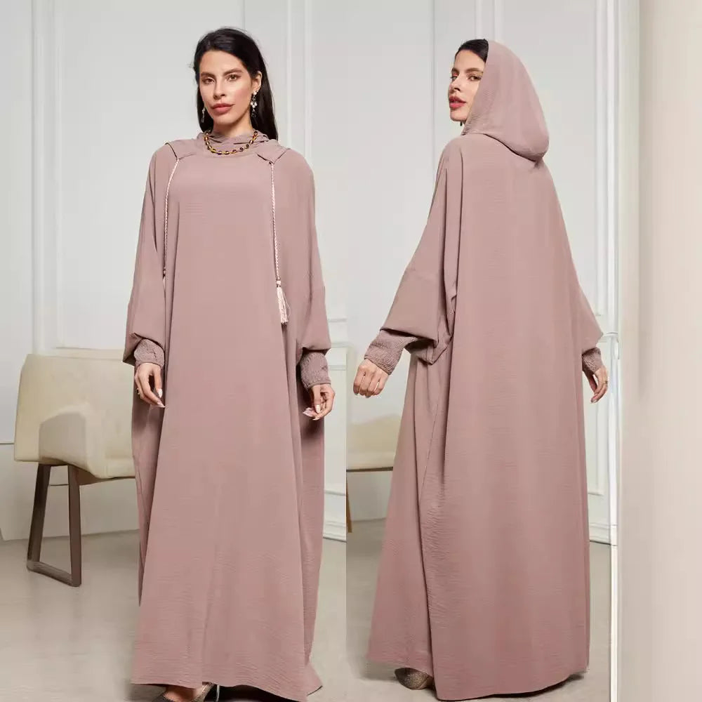 New Fashion Muslim 2025 Women's Solid Color Casual Trendy Elegant Long Sleeve Hooded Abaya Female Jalabiya Clothes Coat Dresses
