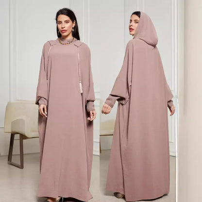 New Fashion Muslim 2025 Women's Solid Color Casual Trendy Elegant Long Sleeve Hooded Abaya Female Jalabiya Clothes Coat Dresses